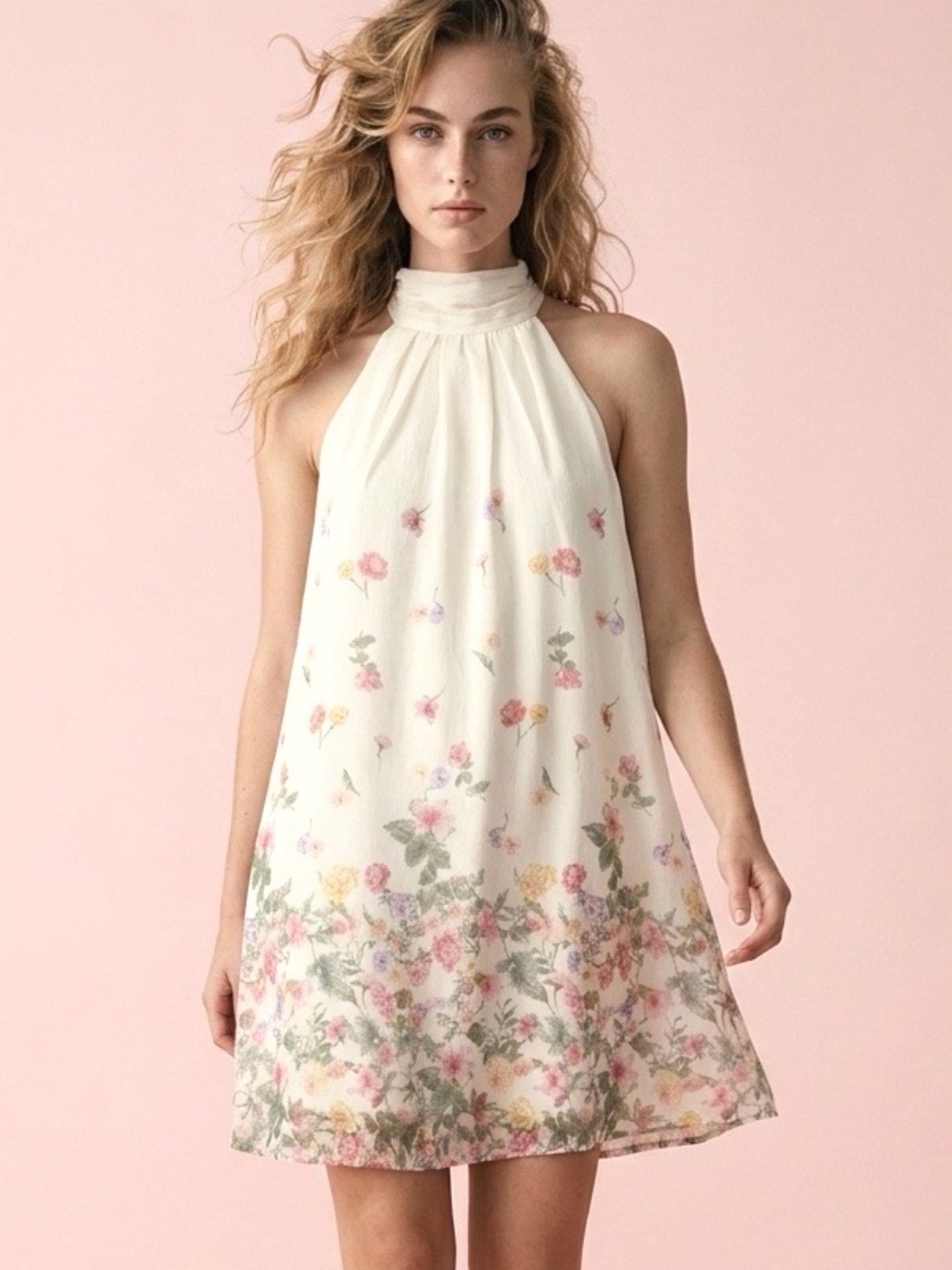 Anne Klein Ivory Halter Mini Dress with Pink & Green Floral Border Fully Lined M